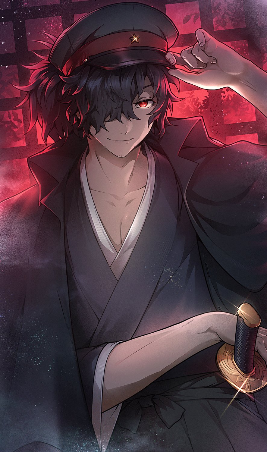 1boy bangs black_hair black_hakama black_kimono closed_mouth commentary_request facial_hair fate/grand_order fate/type_redline fate_(series) hair_over_one_eye hakama hat highres honi_(honi) jacket jacket_on_shoulders japanese_clothes katana kimono koha-ace light_particles long_hair long_sleeves looking_at_viewer male_focus no_scarf okada_izou_(fate) police_hat ponytail red_eyes smile solo star_(symbol) sword upper_body weapon