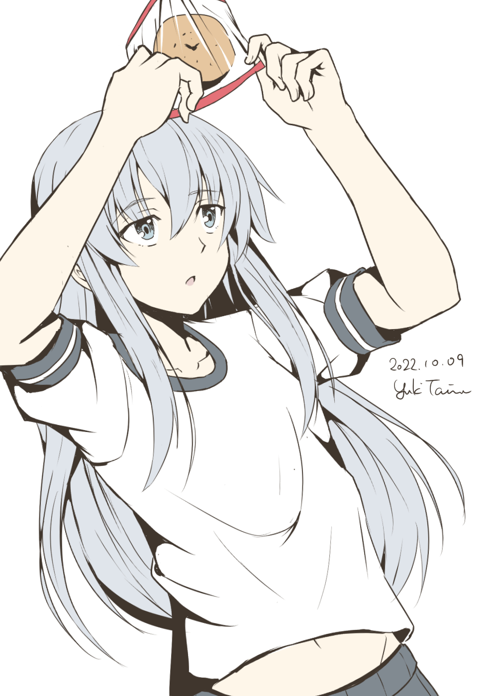 1girl alternate_costume artist_name bread bread_eating_race chestnut_mouth dated food grey_eyes grey_hair hibiki_(kancolle) highres holding holding_food kantai_collection long_hair navel open_mouth shirt short_sleeves simple_background solo taira_yuuki very_long_hair white_background white_shirt