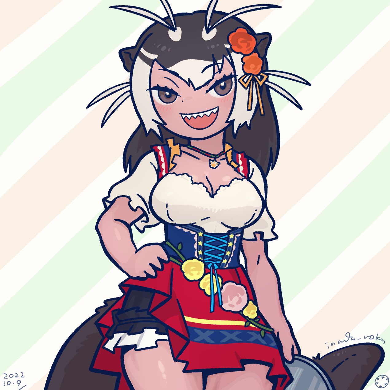 1girl alternate_costume animal_ears asymmetrical_dress blush brown_eyes brown_hair collarbone cowboy_shot dirndl dress flower german_clothes giant_otter_(kemono_friends) hair_flower hair_ornament hand_on_hip highres holding holding_tray inada_roku jewelry kemono_friends looking_at_viewer multicolored_hair necklace open_mouth otter_ears otter_girl otter_tail red_dress shirt short_hair short_sleeves smile solo tail tray two-tone_hair white_hair white_shirt