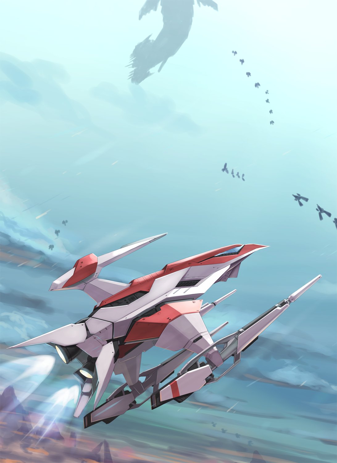 battle clouds cloudy_sky darius_(series) energy_cannon highres non-humanoid_robot robot rokuwata_tomoe silver_hawk sky space_whale spacecraft starfighter thrusters