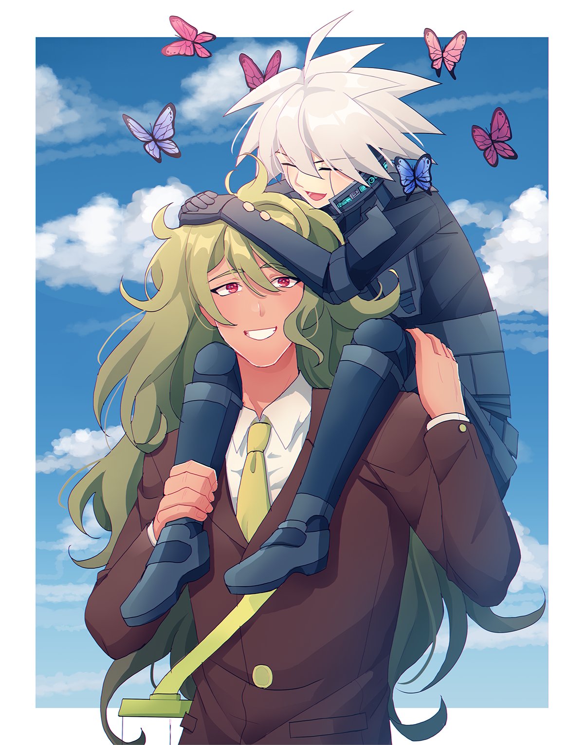 2boys :d ahoge bangs brown_jacket brown_suit bug butterfly buttons carrying cheer_(cheerkitty14) clouds danganronpa_(series) danganronpa_v3:_killing_harmony day formal gokuhara_gonta green_hair grey_hair grin hair_between_eyes happy highres insect_cage jacket keebo long_hair long_sleeves male_focus medium_hair messy_hair multiple_boys no_eyewear open_mouth outdoors piggyback power_armor red_eyes shiny shiny_hair smile suit teeth upper_body