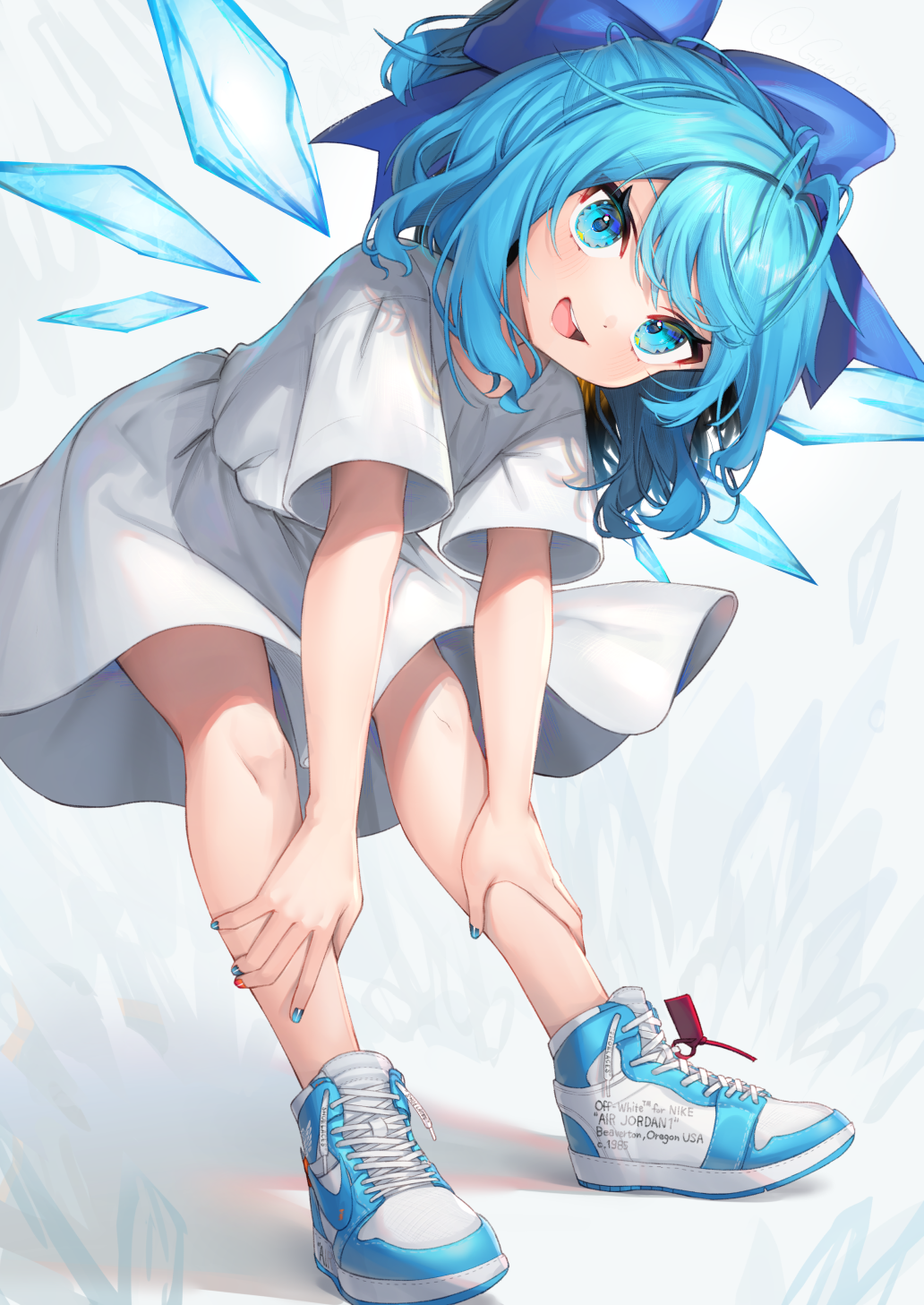 1girl alternate_costume blue_bow blue_eyes blue_hair blue_nails blush bow cirno detached_wings dress fairy fingernails full_body gunjou_row hair_bow highres ice ice_wings looking_at_viewer nail_polish open_mouth red_nails shoes short_hair short_sleeves smile sneakers solo touhou white_dress wings