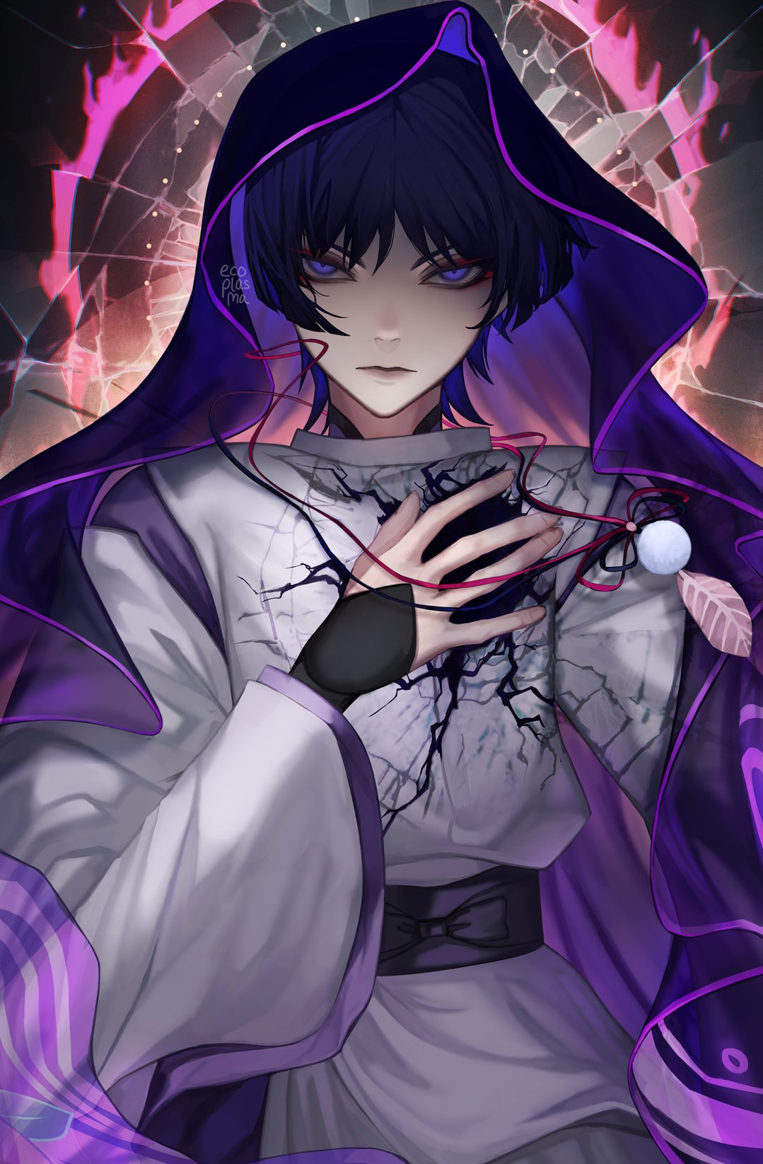 1boy arm_armor bangs belt blue_bow blue_hair bow cape closed_mouth ecoplasma english_commentary fingernails genshin_impact grey_shirt hair_between_eyes hand_on_own_chest hand_up highres long_sleeves looking_at_viewer mandarin_collar pink_bow pom_pom_(clothes) purple_belt purple_bow purple_cape purple_shirt scaramouche_(genshin_impact) shirt solo standing v-shaped_eyebrows violet_eyes wide_sleeves