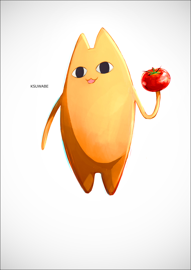 &lt;o&gt;_&lt;o&gt; :3 artist_name azumanga_daioh chiyo_chichi floating food full_body holding holding_food k-suwabe no_humans simple_background solo tomato white_background