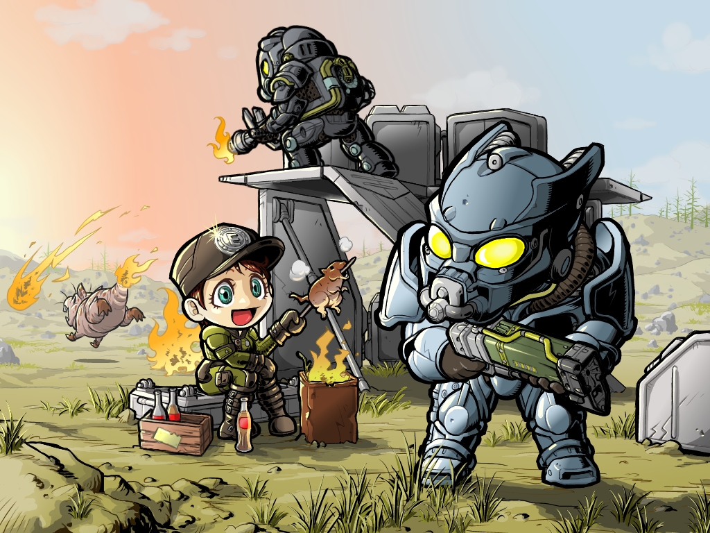 1girl 2boys :d armor black_footwear blue_eyes boots brown_hair chibi enclave fallout_(series) fallout_3 fire flamethrower food full_body green_jacket green_pants gun hat helmet hirekatsu holding holding_food holding_gun holding_weapon jacket lasgun long_hair long_sleeves military military_hat military_uniform multiple_boys naked_mole_rat open_mouth outdoors pants pauldrons power_armor shoulder_armor sitting smile soda_bottle standing uniform weapon