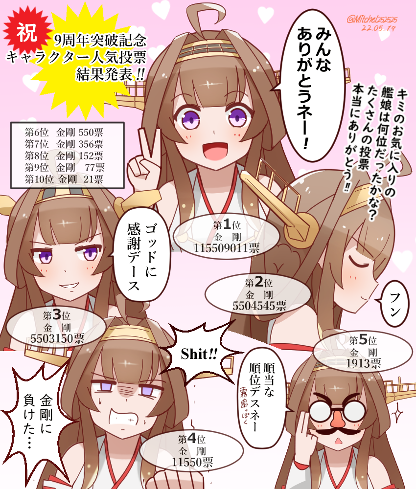 1girl ahoge brown_hair clenched_hand clenched_teeth commentary_request dated detached_sleeves funny_glasses glasses headgear heart heart_background kantai_collection kongou_(kancolle) mitchell_(dynxcb25) smile teeth translation_request twitter_username v violet_eyes