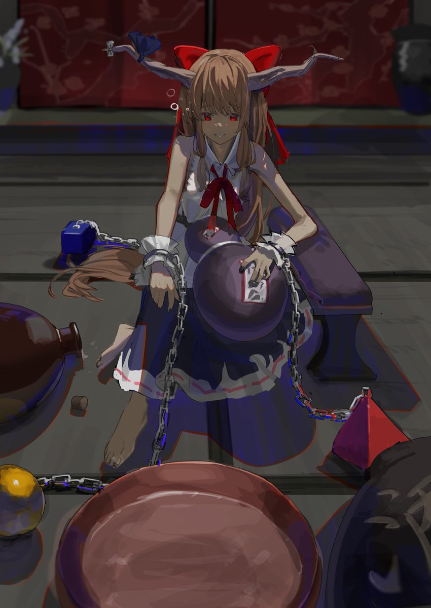 1girl 38_(sanjuuhachi) alcohol bow chain collared_shirt commentary_request cube cup drunk gourd hair_bow highres holding horn_ornament horn_ribbon horns ibuki_suika indoors long_hair looking_at_viewer neckerchief oni oni_horns orange_hair orb parted_lips purple_ribbon purple_skirt pyramid_(geometry) red_bow red_eyes red_neckerchief ribbon sakazuki sake shirt sidelocks sitting skirt sleeveless sleeveless_shirt smile solo touhou white_shirt wrist_cuffs