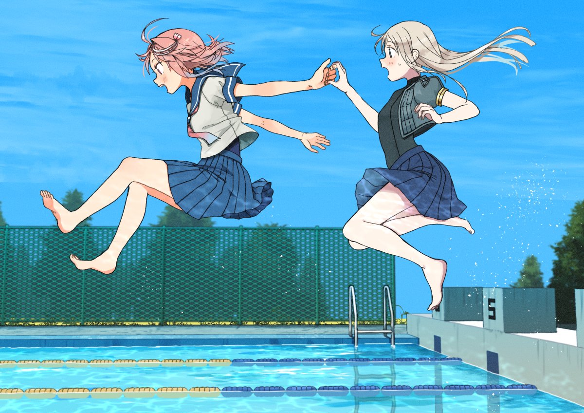 2girls ahoge annin_musou barefoot black_dress black_one-piece_swimsuit blonde_hair blue_eyes blue_sailor_collar blue_skirt blush cropped_jacket day dress grey_jacket i-58_(kancolle) jacket kantai_collection long_hair multiple_girls neckerchief open_mouth pink_eyes pink_hair pink_neckerchief pleated_skirt pool revision sailor_collar school_swimsuit school_uniform serafuku short_hair short_sleeves skirt smile swimsuit swimsuit_under_clothes toes tree u-511_(kancolle) water