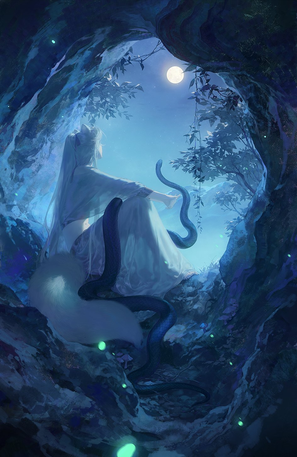 1boy animal animal_ears blue_theme cave facing_away fireflies fox_boy fox_ears fox_tail full_moon highres long_hair long_sleeves male_focus midriff moon mountainous_horizon nature night night_sky original outstretched_arms plant ponytail road robe see-through_silhouette sitting sky snake tail tree vines white_hair wide_sleeves zzzi_gn