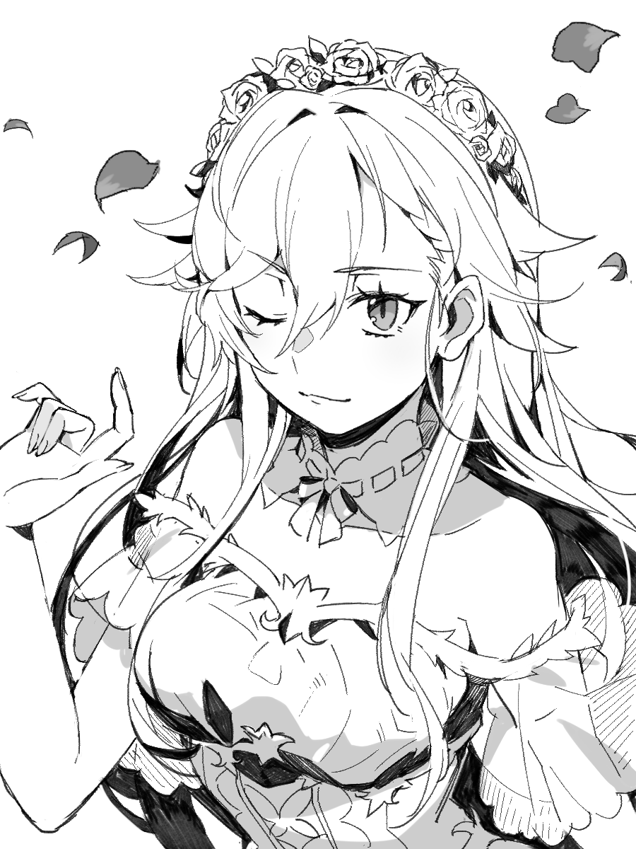 1girl bare_shoulders bow closed_mouth commentary detached_collar dress ellie_(housamo) flower greyscale hair_flower hair_ornament hand_up head_wreath highres light_smile long_hair monochrome nizitarosan off_shoulder official_alternate_costume one_eye_closed petals solo tokyo_afterschool_summoners upper_body white_background