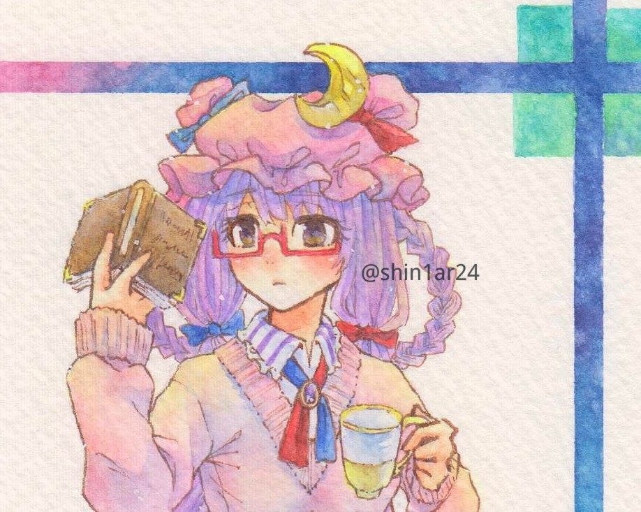 1girl blue_bow book bow braid brown_eyes crescent crescent_hat_ornament cup frilled_shirt_collar frills hair_bow hat hat_ornament holding holding_book holding_cup long_hair long_sleeves mob_cap open_book painting_(medium) patchouli_knowledge pink_headwear purple_hair reading red-framed_eyewear red_bow semi-rimless_eyewear shin1ar24 simple_background solo teacup touhou traditional_media twin_braids under-rim_eyewear upper_body watercolor_(medium) watercolor_pencil_(medium)