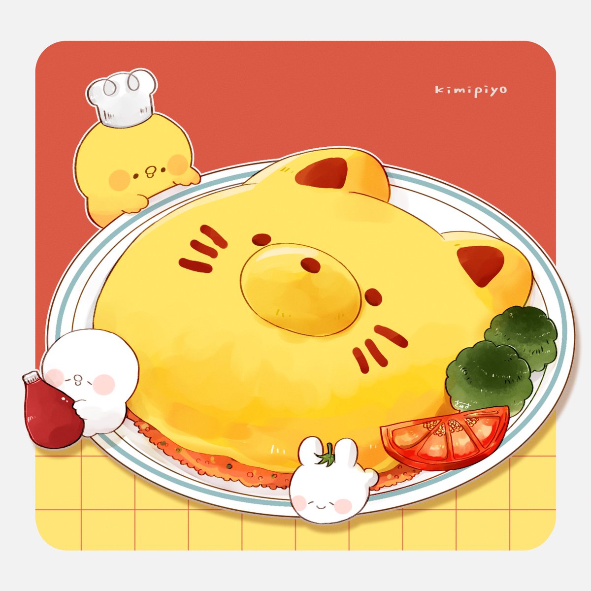 3others animal-shaped_food artist_name bird blush_stickers border broccoli cat character_name chef_hat chick chicken closed_eyes commentary creature egg_(food) english_text food food_art food_focus grey_border hat highres kimipiyo_(tenmiyakiyo) multiple_others no_humans omurice original oversized_food plate rabbit red_background shiropiyo_(tenmiyakiyo) signature simple_background smile solid_circle_eyes symbol-only_commentary tenmiyakiyo tomato tomato_slice usachii_(tenmiyakiyo)