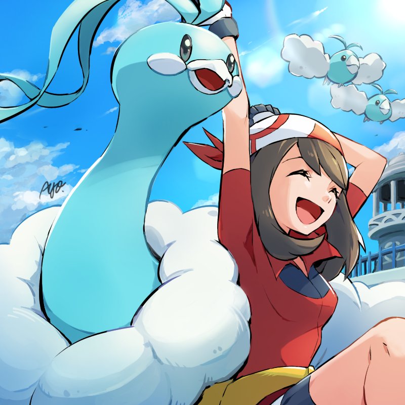 1girl :d altaria ayo_(ayosanri009) bandana bangs bike_shorts breasts brown_hair closed_eyes clouds collared_shirt commentary_request day evolutionary_line eyelashes fanny_pack gloves may_(pokemon) open_mouth outdoors pokemon pokemon_(creature) pokemon_(game) pokemon_rse red_bandana red_shirt shirt short_sleeves shorts signature sky smile swablu yellow_bag