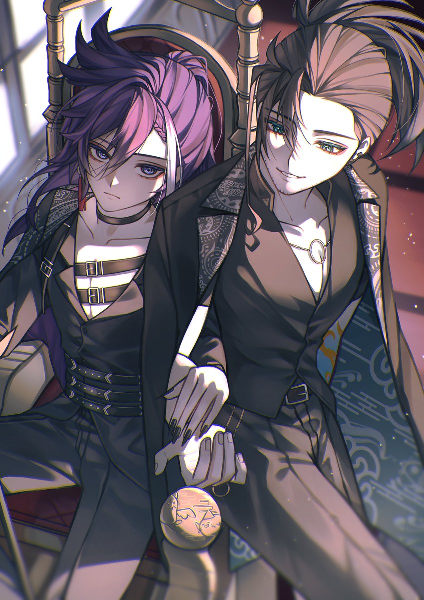 2boys banzoin_hakka belt bishounen black_choker black_hair black_suit blue_eyes braid choker collarbone earrings english_commentary from_above green_eyes high_ponytail highres holding_another's_arm holostars holostars_english jacket jacket_on_shoulders jewelry josuiji_shinri leaning light_particles long_hair looking_at_viewer male_focus multicolored_hair multiple_belts multiple_boys pants purple_hair shadow side_braid sidelighting sitting smile streaked_hair suit virtual_youtuber white_hair yu_yu_(yuyuuuu99550771)