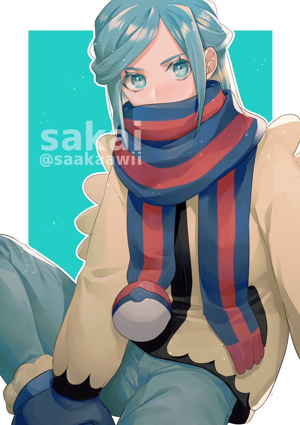 1boy aqua_eyes aqua_hair blue_footwear boots border commentary_request eyelashes fur_trim green_background grusha_(pokemon) highres jacket long_sleeves looking_at_viewer male_focus mittens pants poke_ball_print pokemon pokemon_(game) pokemon_sv sakai_(motomei) scarf scarf_over_mouth solo striped striped_scarf watermark white_border yellow_jacket