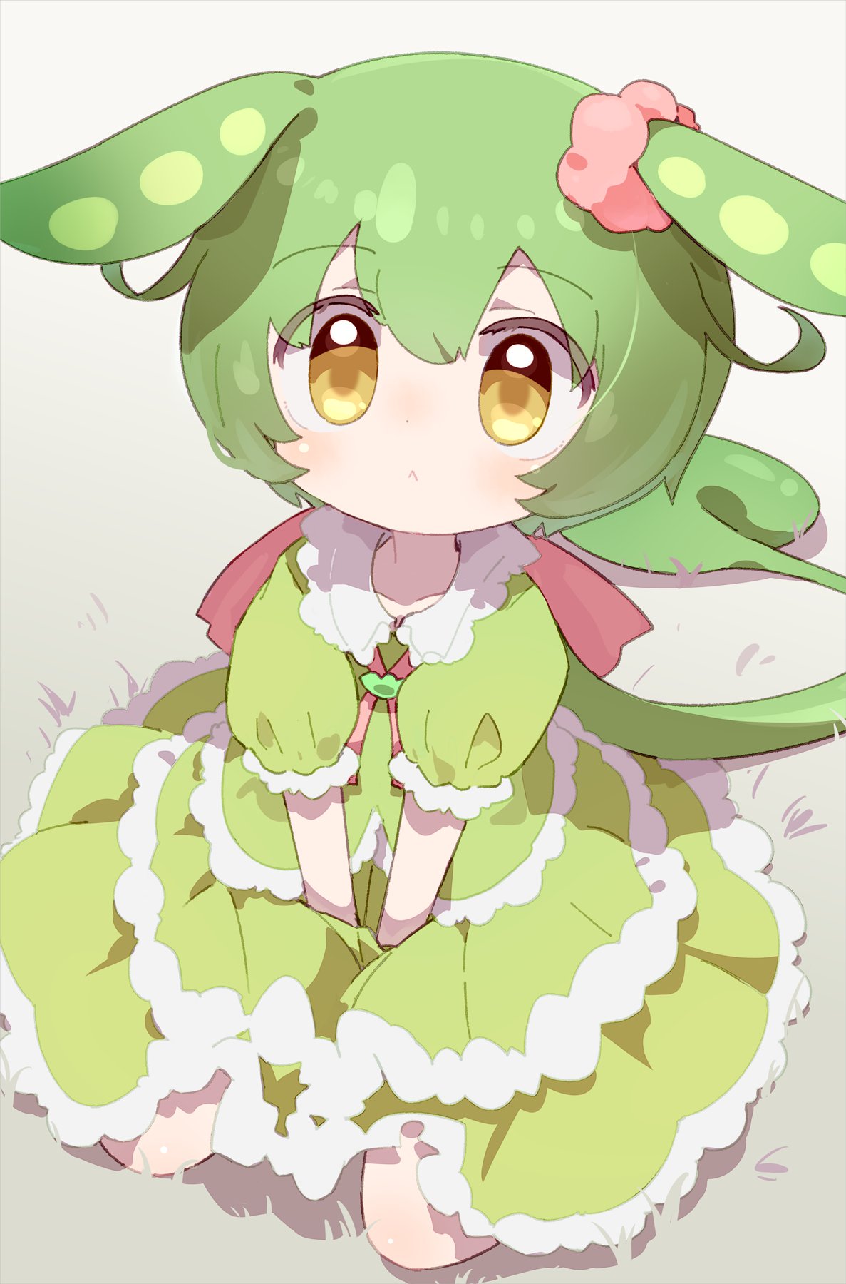 1girl :&lt; blush closed_mouth commentary_request dress frilled_dress frills green_dress green_hair hair_between_eyes hair_ornament highres ponytail puffy_short_sleeves puffy_sleeves ribbon seiza short_sleeves sitting solo utsubo_(utb) voicevox yellow_eyes zundamon