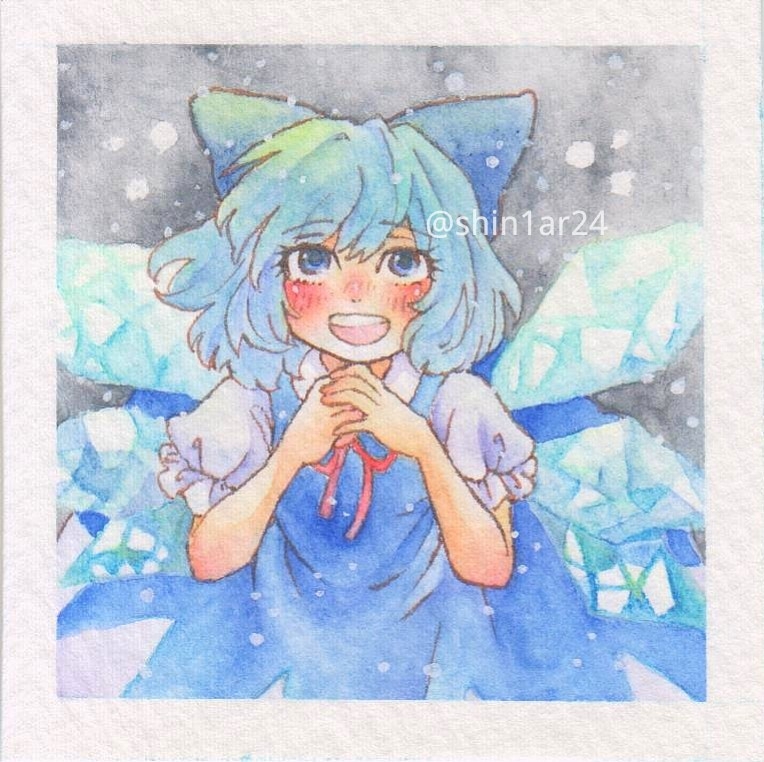 1girl :d blue_bow blue_dress blue_eyes blue_hair blush border bow breasts cirno collared_shirt detached_wings dress frilled_sleeves frills hair_bow happy ice ice_wings looking_at_viewer medium_hair neck_ribbon open_mouth own_hands_together painting_(medium) pinafore_dress puffy_short_sleeves puffy_sleeves red_ribbon ribbon shin1ar24 shirt short_sleeves small_breasts smile solo teeth touhou traditional_media upper_teeth watercolor_(medium) watercolor_pencil_(medium) white_border white_shirt wings