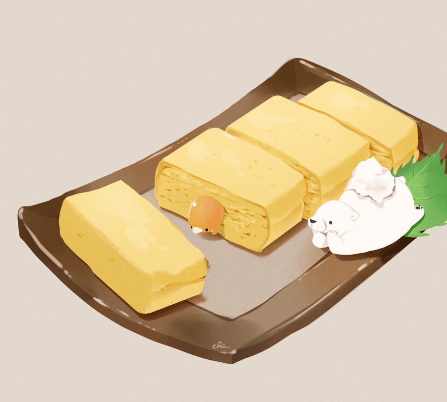 bear chai_(drawingchisanne) commentary_request food food_focus in_food no_humans omelet original polar_bear signature simple_background sweets_bird tamagoyaki tray undersized_animal