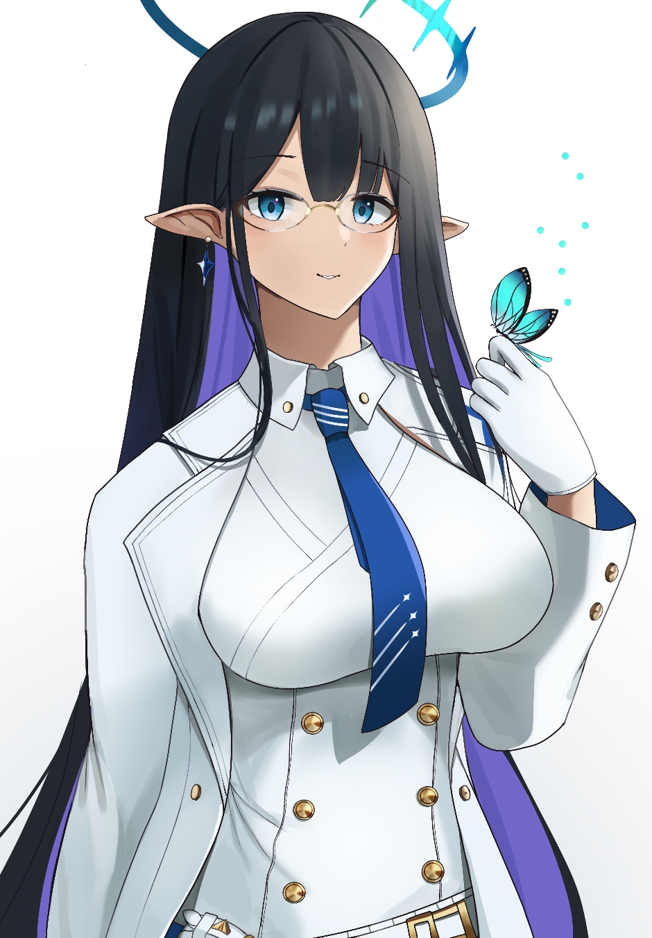 1girl bangs belt black_hair blue_archive blue_eyes blue_necktie breasts bug butterfly butterfly_on_hand coat collared_dress dress earrings glasses gloves halo highres jewelry large_breasts long_hair long_sleeves looking_at_viewer nana24 necktie parted_lips pointy_ears rin_(blue_archive) sidelocks simple_background solo upper_body white_background white_belt white_coat white_gloves