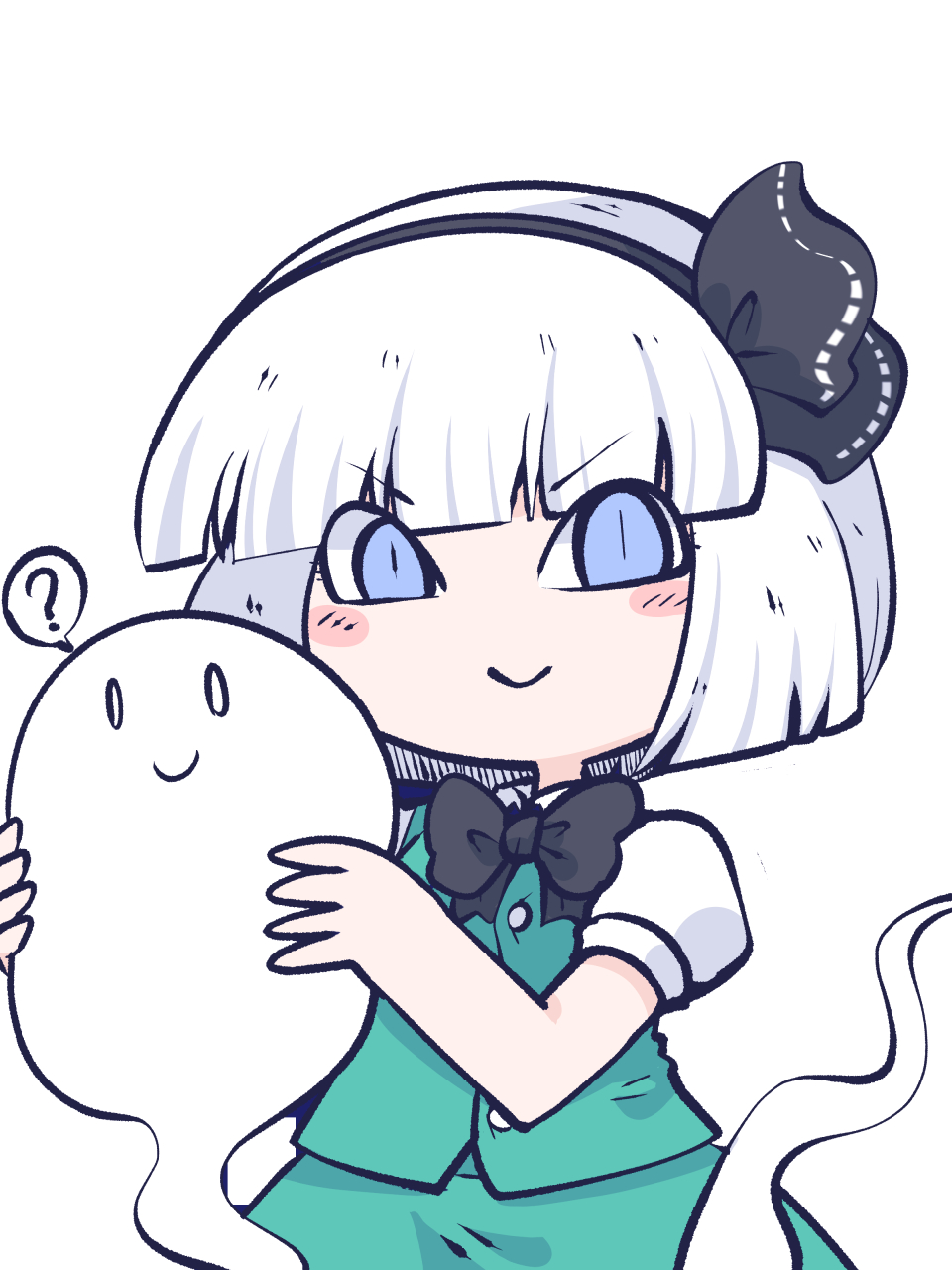 1girl ? black_hairband black_ribbon blue_eyes blush_stickers buttons closed_mouth collared_shirt fried_rice0614 green_skirt green_vest hair_ribbon hairband highres hitodama holding konpaku_youmu konpaku_youmu_(ghost) one-hour_drawing_challenge puffy_short_sleeves puffy_sleeves ribbon shirt short_hair short_sleeves simple_background skirt smile solo spoken_question_mark touhou upper_body vest white_background white_hair white_shirt