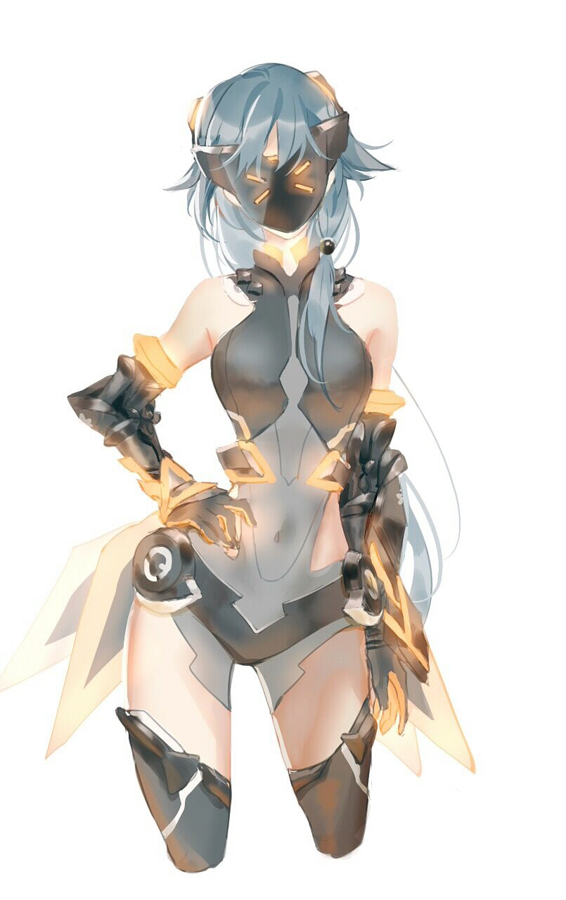 1girl bangs bare_shoulders black_footwear black_gloves black_hair black_leotard boots fu_hua fu_hua_(shadow_knight) gauntlets gloves glowing hand_on_hip highres honkai_(series) honkai_impact_3rd leotard long_hair looking_at_viewer mask simple_background solo thigh_boots white_background xing_dao