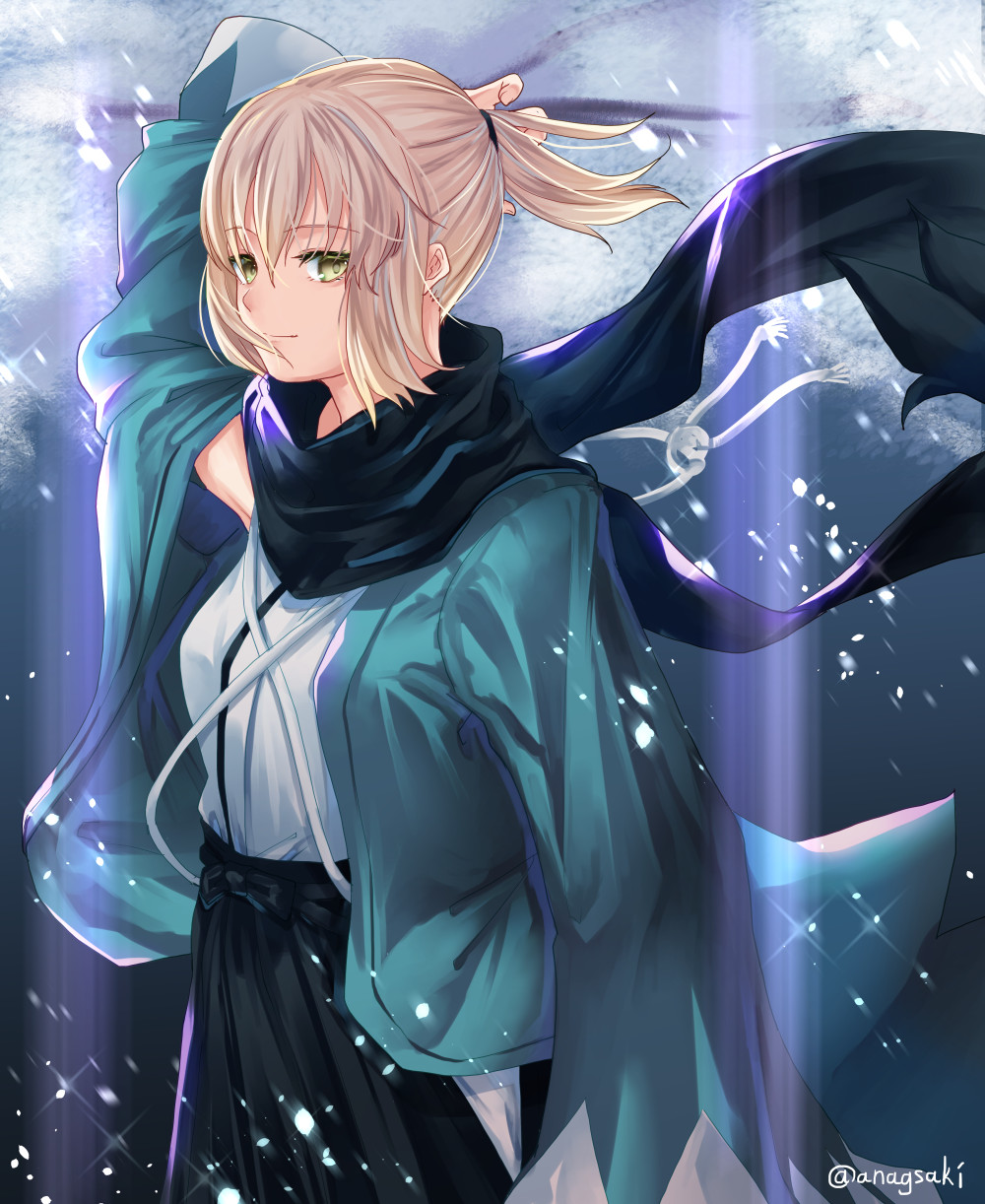 1girl adjusting_hair aona_(anagasaki) arm_up bangs blonde_hair breasts eyebrows_hidden_by_hair falling_petals fate/grand_order fate_(series) hair_between_eyes haori highres japanese_clothes kimono koha-ace light looking_at_viewer okita_souji_(fate) okita_souji_(koha-ace) petals ponytail scarf short_hair smile smoke solo yellow_eyes