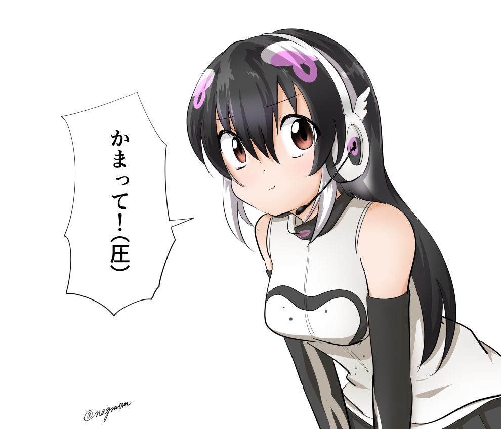 1girl african_penguin_(kemono_friends) animal_costume bare_shoulders black_hair elbow_gloves gloves headphones kemono_friends kemono_friends_v_project long_hair looking_at_viewer microphone multicolored_hair penguin_costume penguin_girl pink_hair red_eyes shirt simple_background skirt sleeveless sleeveless_shirt solo straight_hair taurine_8000mg virtual_youtuber white_hair zipper