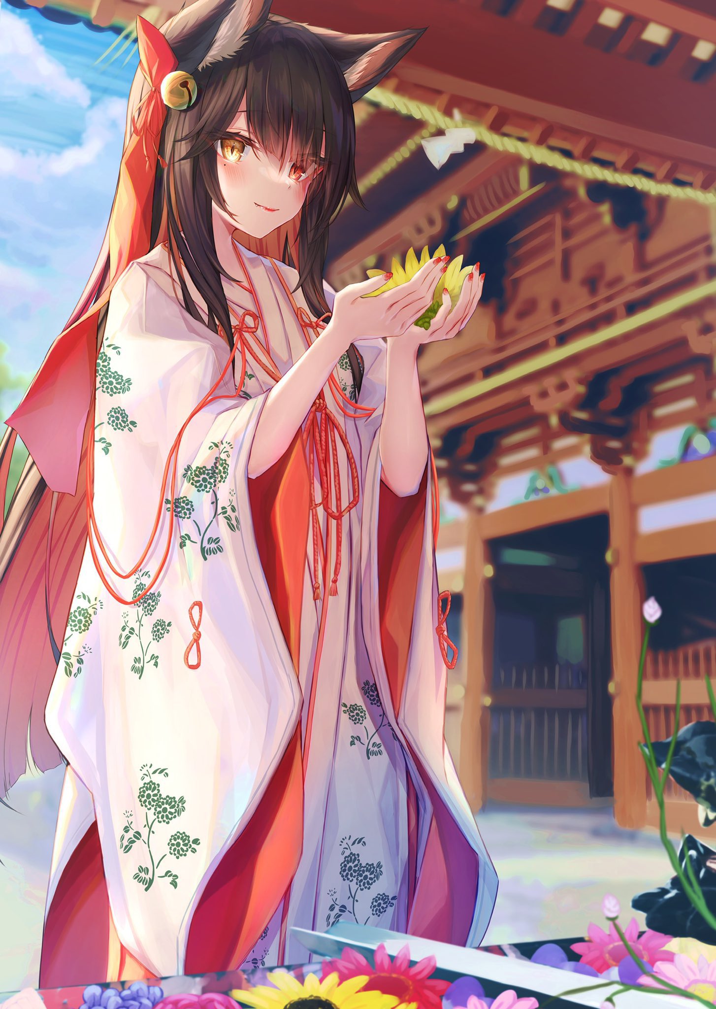 1girl animal_ears bell black_hair blurry blurry_background brown_eyes closed_mouth floral_print flower hair_bell hair_ornament highres holding holding_flower light_particles long_hair looking_at_viewer original outdoors red_nails shirousagi_(sirousagi1998) shrine solo standing sunflower wide_sleeves yellow_flower