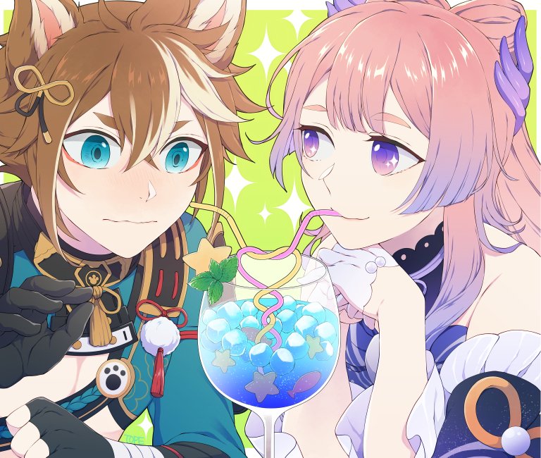 animal_ears aqua_eyes armor bendy_straw blue_hair blush bow-shaped_hair brown_hair cocktail colored_tips commentary_request crazy_straw crop_top dog_boy dog_ears drinking_straw drinking_straw_in_mouth eyeshadow genshin_impact gorou_(genshin_impact) gradient_eyes green_background heart_straw hetero japanese_armor long_hair looking_at_another makeup multicolored_eyes multicolored_hair paw_print pink_eyes pink_hair red_eyeshadow sangonomiya_kokomi shared_drink short_hair signature smile sparkle sparkling_eyes streaked_hair t0petar0 violet_eyes wavy_mouth white_hair