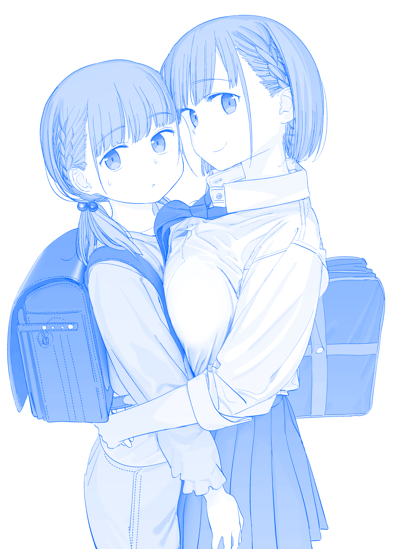 2girls age_difference aged_down ai-chan_(tawawa) asymmetrical_docking backpack bag blue_theme braid breast_press breasts commentary_request dual_persona eyebrows_hidden_by_hair getsuyoubi_no_tawawa hair_bobbles hair_ornament highres himura_kiseki hug large_breasts looking_at_viewer multiple_girls necktie pleated_shirt randoseru school_bag school_uniform short_hair smile sweatdrop time_paradox