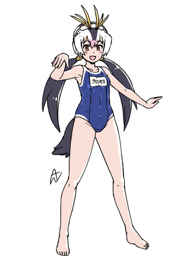1girl acesrulez alternate_costume bare_arms bare_legs bare_shoulders barefoot black_hair blonde_hair blue_one-piece_swimsuit blush collarbone full_body hair_between_eyes headphones kemono_friends multicolored_hair name_tag one-piece_swimsuit pink_eyes pink_hair royal_penguin_(kemono_friends) school_swimsuit solo swimsuit translation_request twintails white_hair