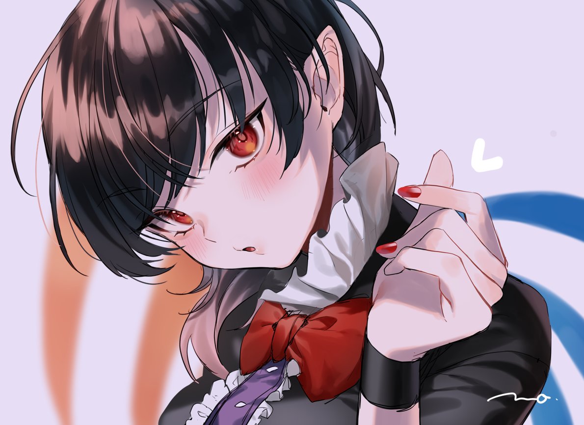 1girl black_hair blush bow bowtie dress hands_up houjuu_nue looking_at_viewer makita_(vector1525) nail_polish open_mouth portrait red_bow red_bowtie red_eyes red_nails solo touhou wings wristband