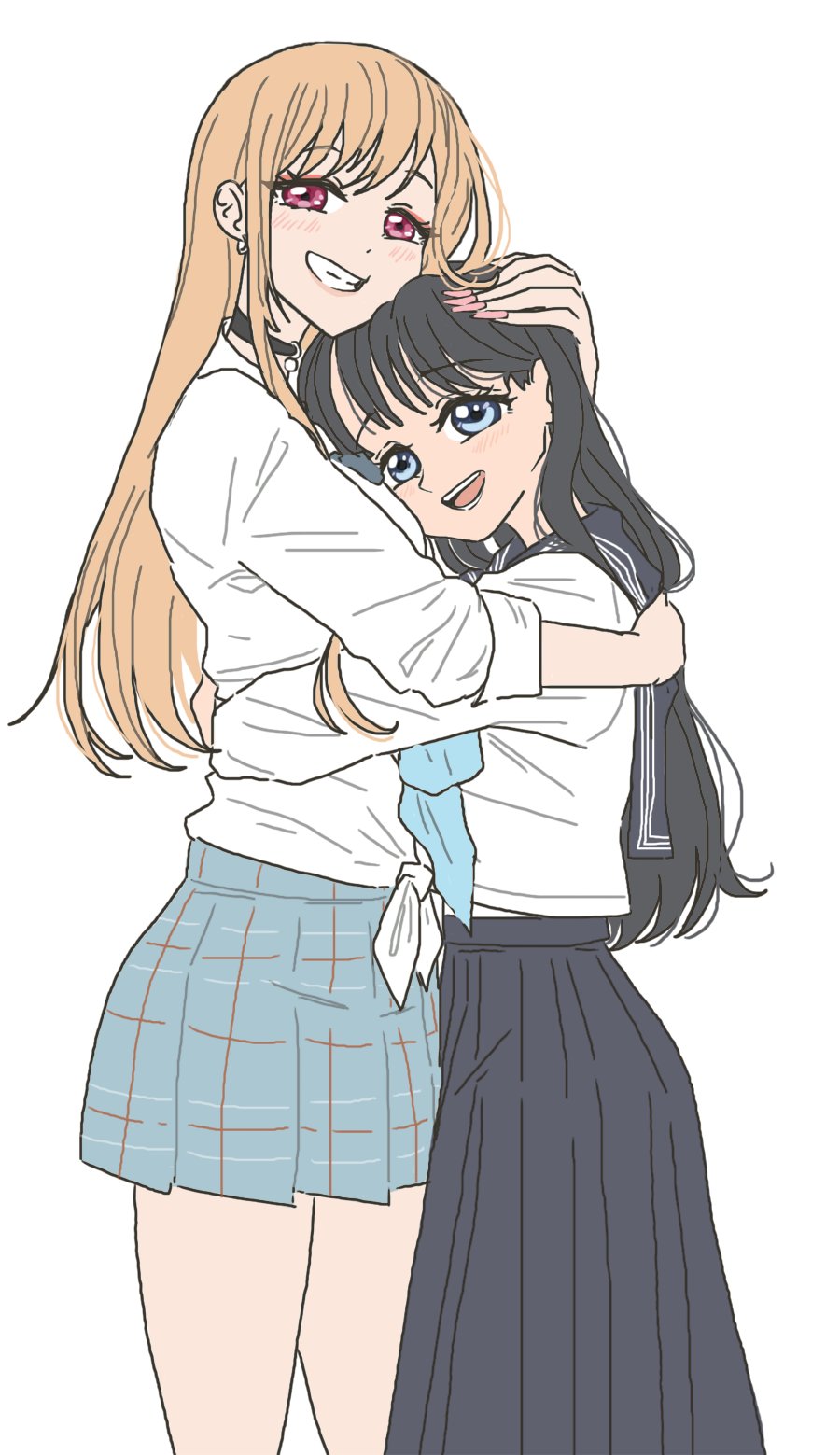 2girls akebi-chan_no_serafuku akebi_komichi bangs black_choker black_collar black_hair black_sailor_collar black_skirt blonde_hair blue_bow blue_eyes blue_neckerchief blue_necktie blue_skirt blunt_bangs bow bracelet breasts choker collar collared_shirt dress_shirt ear_piercing earrings gradient_hair grey_necktie hand_on_another's_head highres hug industrial_piercing jewelry kitagawa_marin long_hair long_sleeves looking_at_viewer medium_breasts miniskirt multicolored_hair multiple_girls neckerchief necklace necktie open_mouth piercing plaid plaid_skirt pleated_skirt red_eyes redhead roubai_academy_school_uniform_(old) sailor_collar school_uniform serafuku shirt simple_background skirt smile sono_bisque_doll_wa_koi_wo_suru swept_bangs tied_shirt white_background white_shirt yui_(jisatsu) yuri