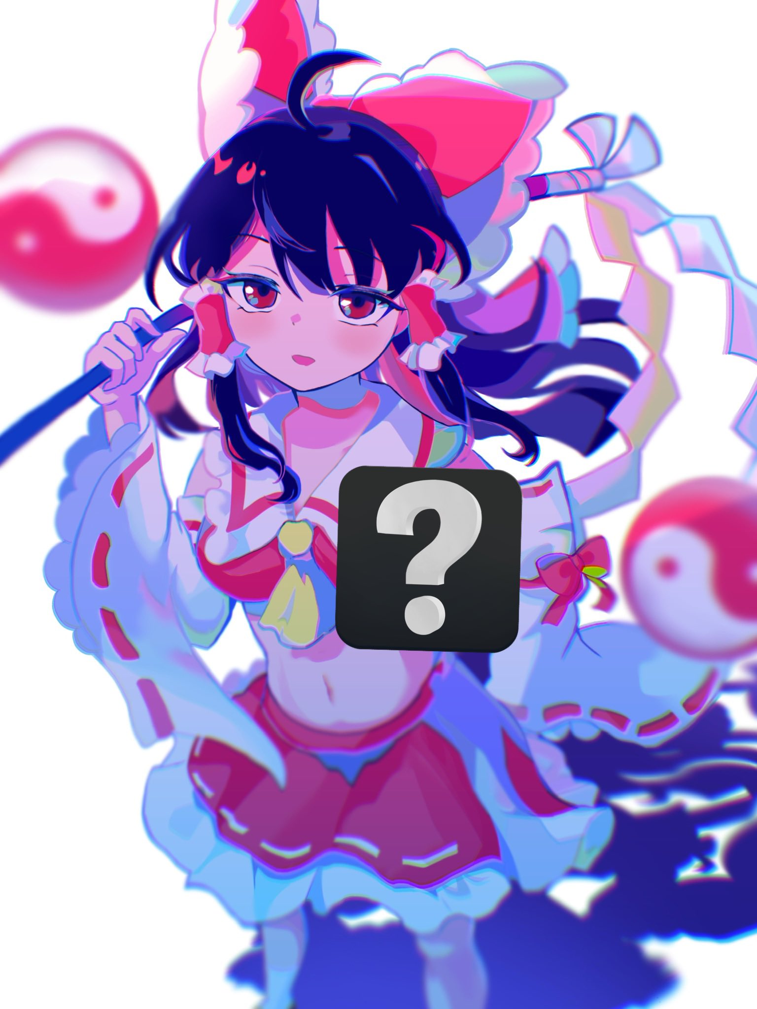 ? ascot bare_shoulders black_hair bow collared_vest commentary_request detached_sleeves gohei hair_bow hakurei_reimu highres holding_gohei karasu2020_8 long_sleeves midriff muse_dash navel red_bow red_eyes red_skirt red_vest ribbon-trimmed_sleeves ribbon_trim skirt standing stomach touhou vest white_sleeves wide_sleeves yellow_ascot