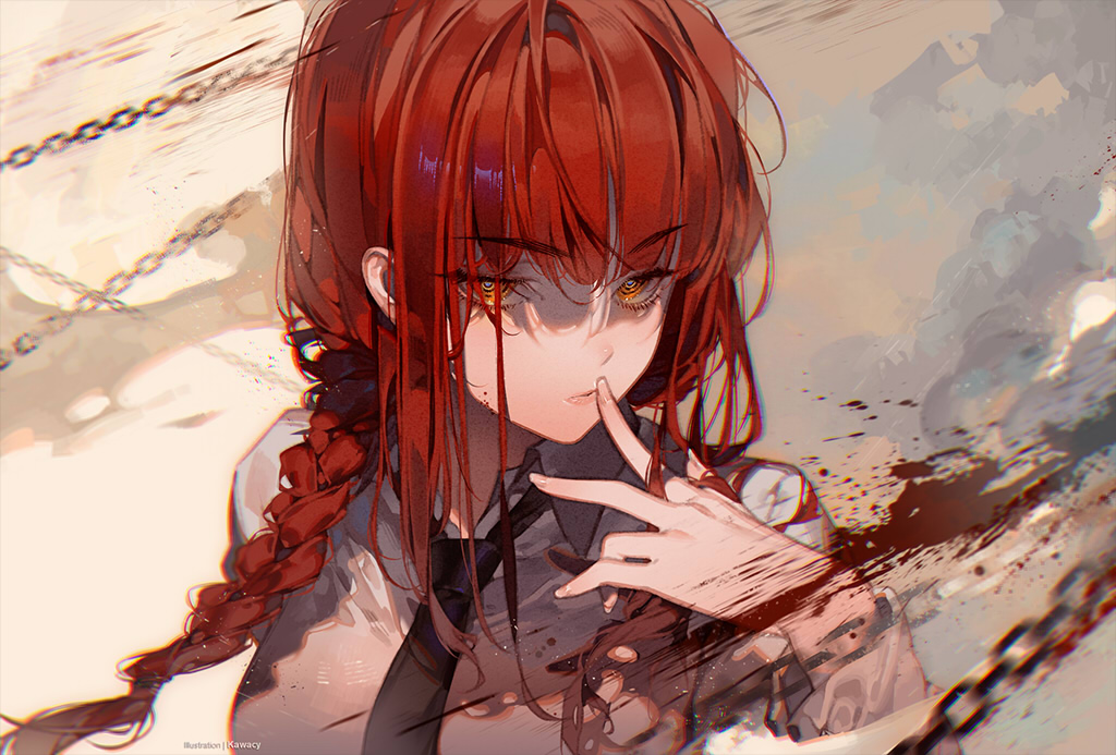 1girl black_necktie blood braid chain chainsaw_man closed_mouth collared_shirt commentary_request finger_to_mouth fingernails hand_up kawacy lips long_hair long_sleeves looking_at_viewer makima_(chainsaw_man) necktie red_eyes redhead shirt solo upper_body white_shirt