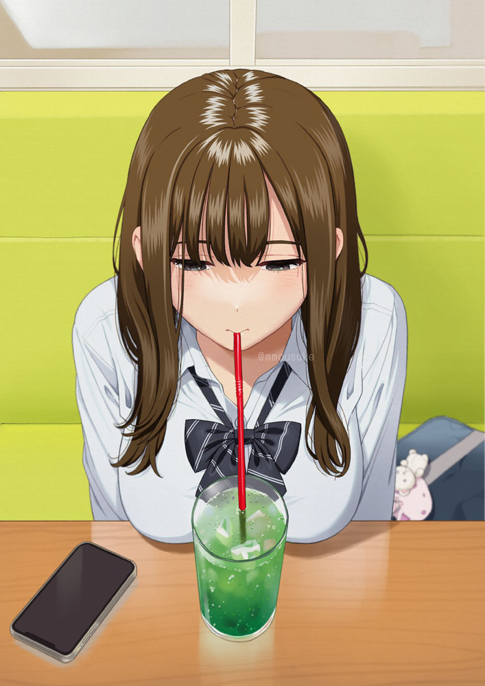 1girl bag bag_charm bangs bendy_straw black_bow bow breasts brown_hair cellphone charm_(object) collared_shirt couch diagonal-striped_bow drink drinking drinking_straw eyebrows_hidden_by_hair grey_eyes half-closed_eyes ice ice_cube indoors mattaku_mousuke medium_breasts on_couch original phone school_bag school_uniform shirt solo table white_shirt