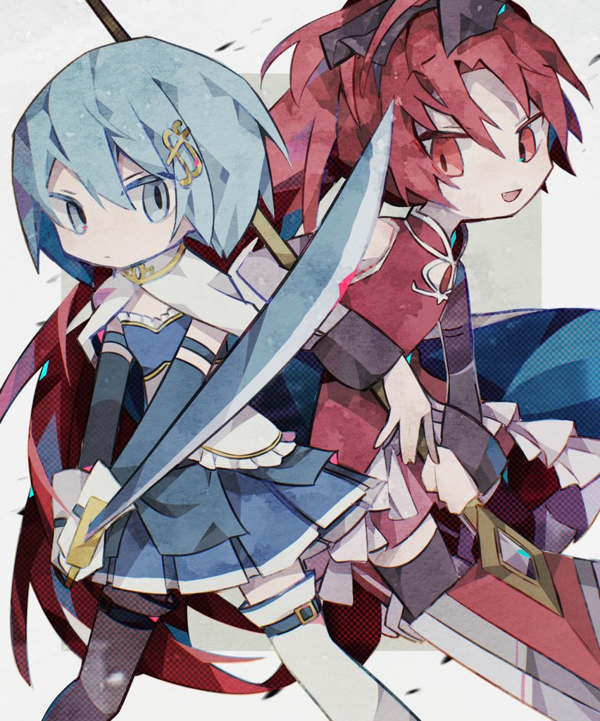 2girls bangs belt belt_buckle black_ribbon black_thighhighs blue_belt blue_eyes blue_gloves blue_hair blue_skirt boots buckle cape closed_mouth dress elbow_gloves fang flat_chest fortissimo frilled_dress frills gloves hair_ornament hair_ribbon holding holding_sword holding_weapon long_hair magical_girl mahou_shoujo_madoka_magica miki_sayaka multiple_girls musical_note musical_note_hair_ornament no_nose open_mouth pleated_skirt ponytail red_dress red_eyes redhead ribbon sakura_kyouko short_hair skirt smile soresaki soul_gem sword thigh-highs thigh_boots weapon white_cape white_footwear white_gloves