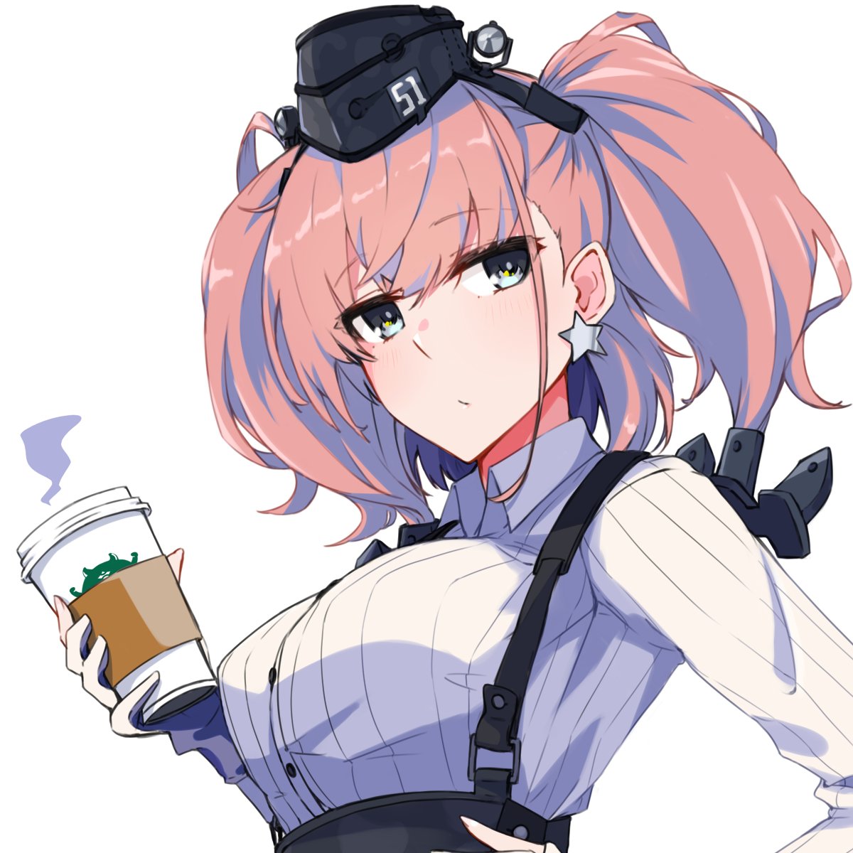 1girl alakoala atlanta_(kancolle) blue_eyes brown_hair coffee_cup commentary_request cup disposable_cup earrings enemy_lifebuoy_(kancolle) garrison_cap garter_straps gloves hat highres holding jewelry kantai_collection long_hair long_sleeves partially_fingerless_gloves shirt simple_background solo suspenders two_side_up upper_body white_background white_gloves white_shirt