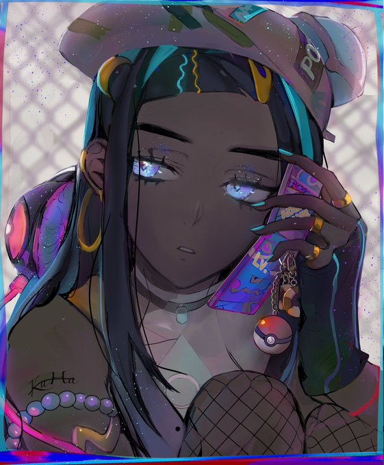 1girl cellphone dark-skinned_female dark_skin earrings fingerless_gloves fishnet_thighhighs fishnets gloves hair_ornament hairclip hat holding holding_phone jewelry ku_ha looking_to_the_side nail nessa_(pokemon) phone pokemon raihan_(pokemon) solo thigh-highs upper_body