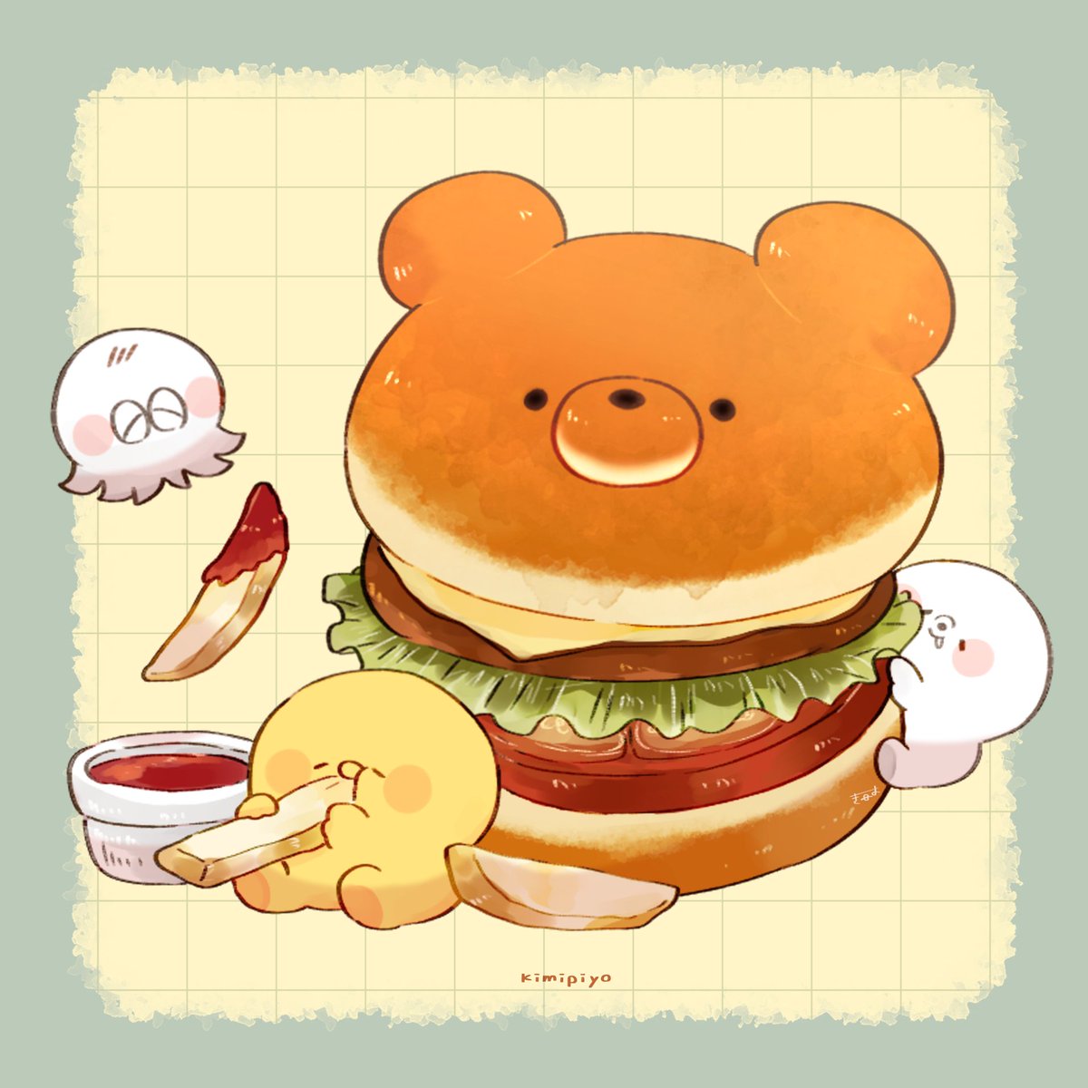 3others animal-shaped_food artist_name bear bird blush_stickers border bread_bun burger character_name cheese chick chicken closed_eyes commentary creature daifuku_(tenmiyakiyo) drooling eating english_text floating food food_focus green_border highres holding holding_food ketchup kimipiyo_(tenmiyakiyo) lettuce meat mochidako_(tenmiyakiyo) multiple_others no_humans original oversized_food potato_wedges signature simple_background sitting solid_circle_eyes symbol-only_commentary tenmiyakiyo tomato tomato_slice yellow_background