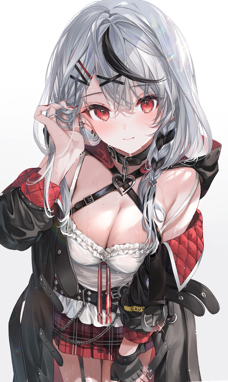 1girl black_hair breasts hololive jacket red_eyes sakamata_chloe simple_background sweat white_hair