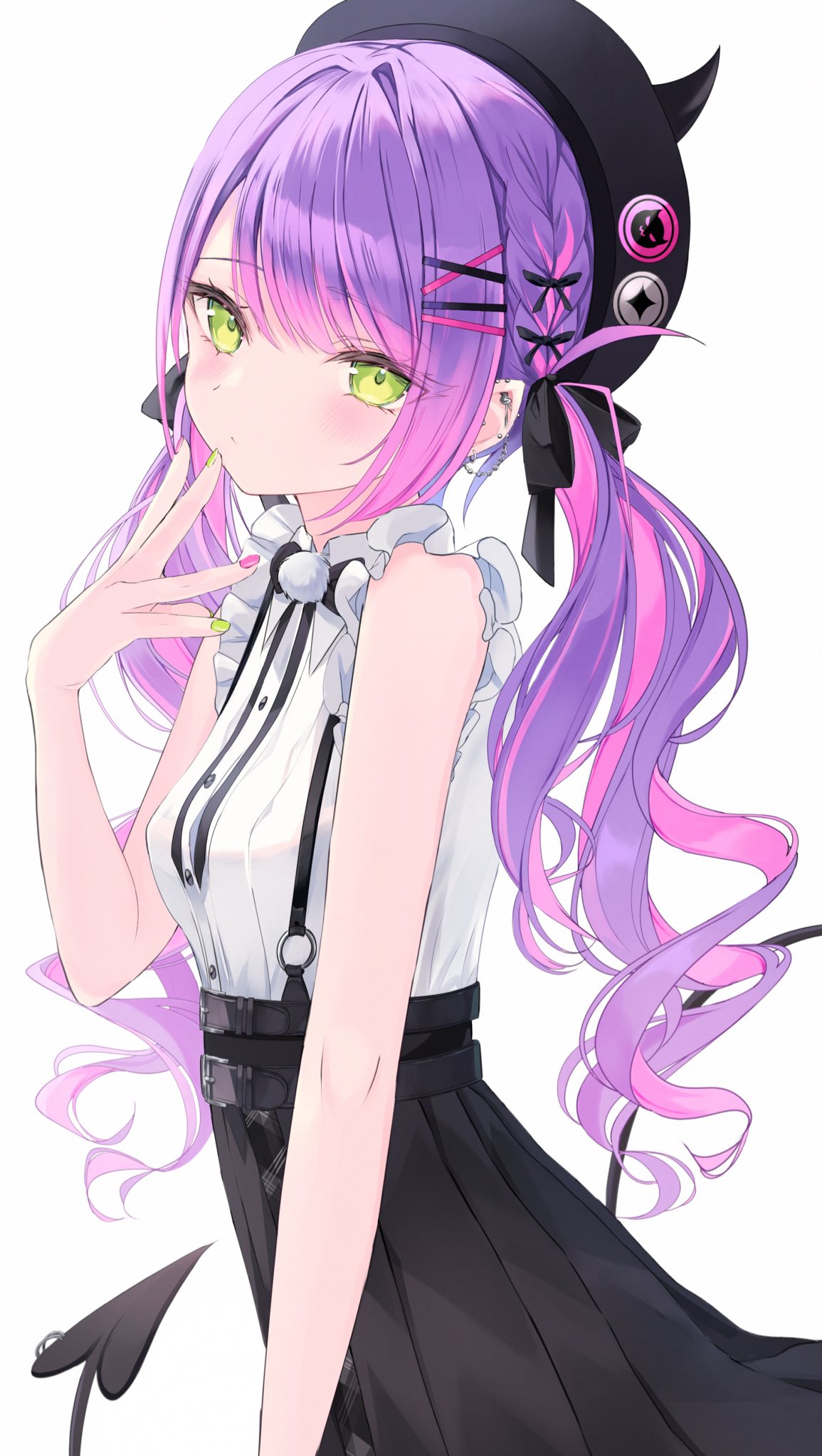 1girl bangs beret black_bow black_bowtie black_ribbon black_skirt blush bow bowtie braid breasts collared_shirt commentary demon_girl demon_tail ear_piercing fake_horns frilled_shirt frilled_sleeves frills green_eyes hair_ornament hair_ribbon hairclip hand_up hat high-waist_skirt highres hololive horned_headwear horns jewelry long_hair looking_at_viewer multicolored_hair multicolored_nails nail_polish neck_ribbon piercing pink_hair pleated_skirt pointy_ears pom_pom_(clothes) purple_hair ribbon sakura_yunuto shirt short_sleeves sidelocks simple_background skirt sleeveless small_breasts solo suspender_skirt suspenders symbol-only_commentary tail tail_ornament tail_piercing tokoyami_towa twintails virtual_youtuber white_background white_shirt
