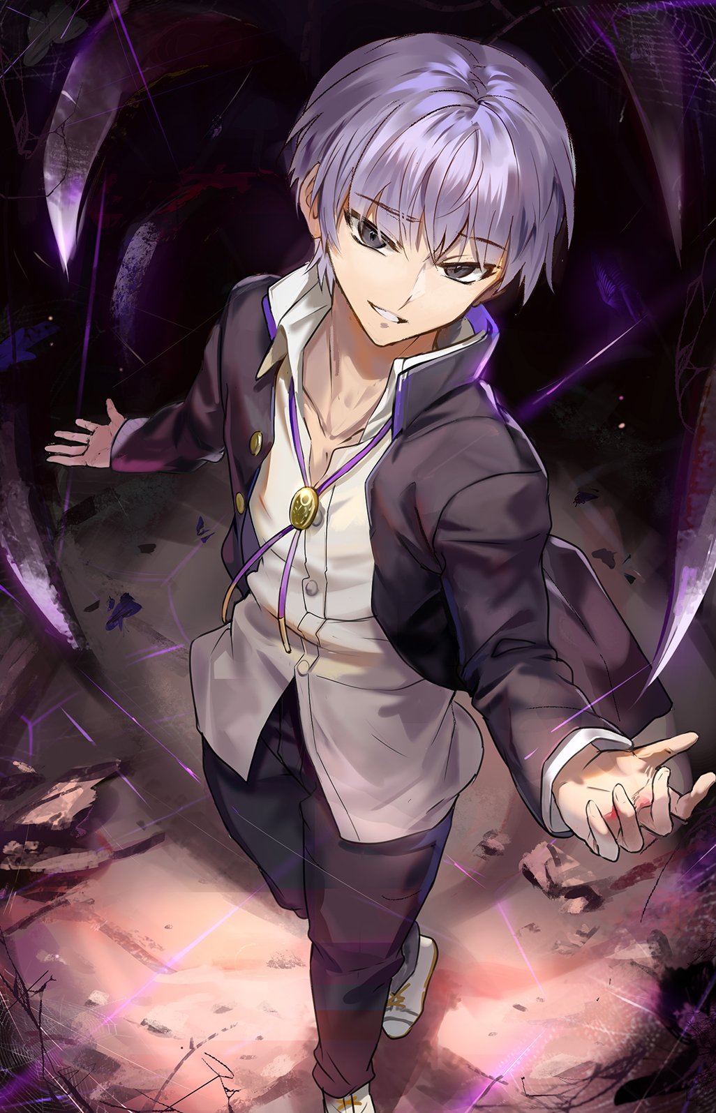 1boy black_eyes black_pants buttons byakuya_(under_night_in-birth) claws floating floating_object floating_sword floating_weapon gakuran highres jewelry necklace open_clothes pants qitoli school_uniform shirt short_hair silk solo spider_web sword under_night_in-birth under_night_in-birth_exe:late[st] weapon white_footwear white_hair white_shirt
