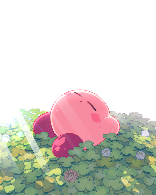 blush closed_eyes clover clover_(flower) colored_skin dot_mouth flower kirby kirby_(series) lens_flare light mutekyan no_humans pink_flower pink_skin plant red_footwear shadow simple_background sleeping sunlight white_flower