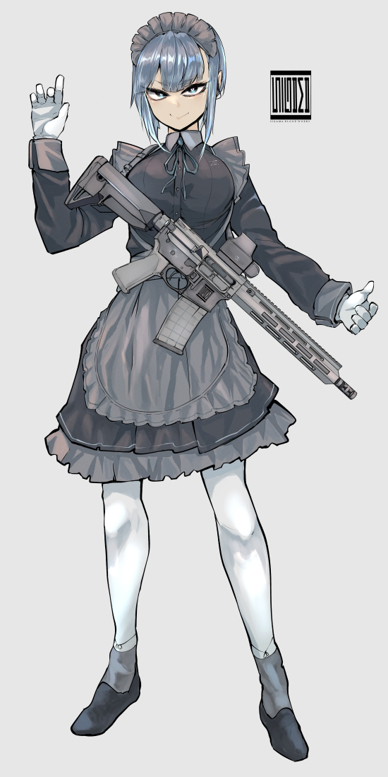 1girl apron assault_rifle black_dress black_footwear blue_eyes blue_hair blue_ribbon closed_mouth commentary_request dress frilled_apron frills full_body gloves grey_apron grey_background gun h&amp;k_hk416 hand_up long_sleeves looking_at_viewer maid maid_headdress neck_ribbon original pantyhose ribbon rifle shoes sigama simple_background smile solo standing weapon white_gloves white_pantyhose