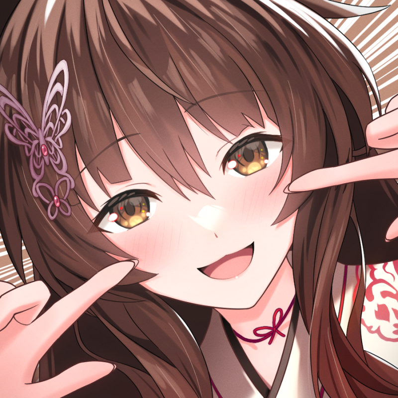 1girl :d bettle_(b_s_a_n) blush brown_eyes brown_hair butterfly_hair_ornament fumi_(nijisanji) hair_between_eyes hair_ornament hands_up long_hair looking_at_viewer nijisanji pointing pointing_at_self smile solo upper_body virtual_youtuber