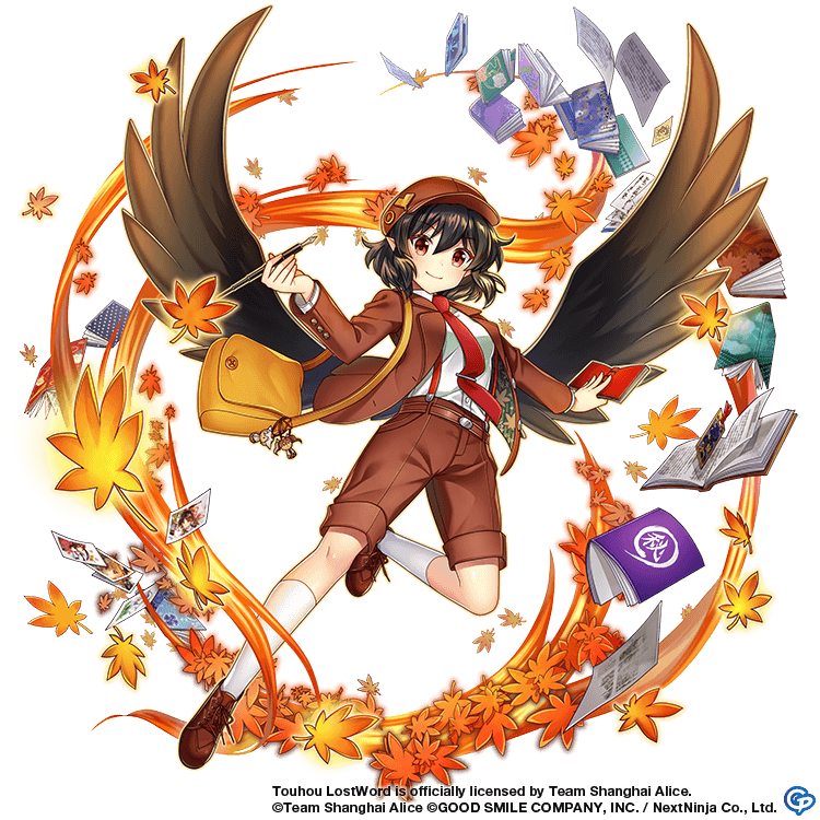 1girl autumn_leaves bag belt bird_wings black_wings book brown_bag brown_belt brown_eyes brown_footwear brown_headwear brown_jacket brown_shorts cabbie_hat character_doll closed_mouth collared_shirt commentary_request feathered_wings flat_cap happy hat himekaidou_hatate holding holding_notebook holding_pen inubashiri_momiji jacket kneehighs leaf looking_at_viewer maple_leaf messenger_bag necktie nib_pen_(object) notebook official_art open_clothes open_jacket paper pen photo_(object) pointy_ears red_necktie rotte_(1109) shameimaru_aya shameimaru_aya_(newsboy) shirt shoes shorts shoulder_bag smile socks solo suit_jacket suspenders tie_clip touhou touhou_lost_word translation_request white_shirt white_socks wings