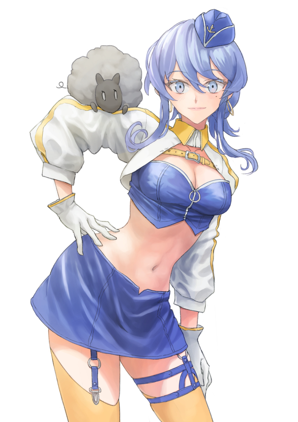 1girl alternate_costume anchor_symbol bandeau blue_hair blue_skirt breasts cowboy_shot earrings garrison_cap gloves gotland_(kancolle) hair_bun hand_on_hip hat highres jacket jewelry kantai_collection long_hair looking_at_viewer medium_breasts mole mole_under_eye navel official_alternate_costume racequeen sheep simple_background single_hair_bun skirt smile taruya thigh-highs thigh_strap white_background white_gloves