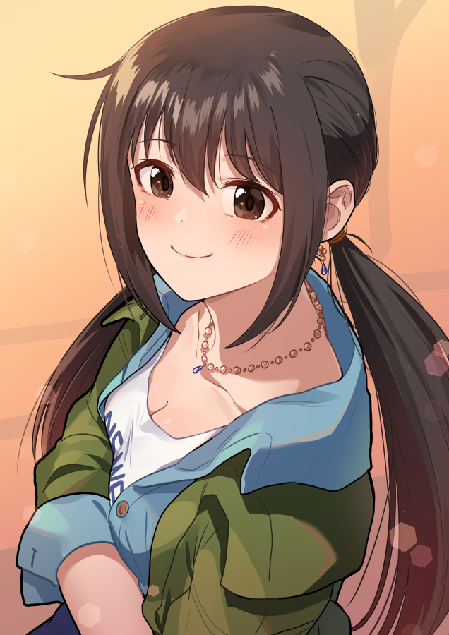 1girl bangs black_hair blue_shirt brown_eyes closed_mouth collared_shirt commentary earrings green_jacket idolmaster idolmaster_cinderella_girls jacket jewelry kamille_(vcx68) light_blush long_hair long_sleeves looking_at_viewer low_twintails nakano_yuka necklace open_clothes open_jacket open_shirt shirt sidelocks smile solo t-shirt twintails upper_body white_shirt