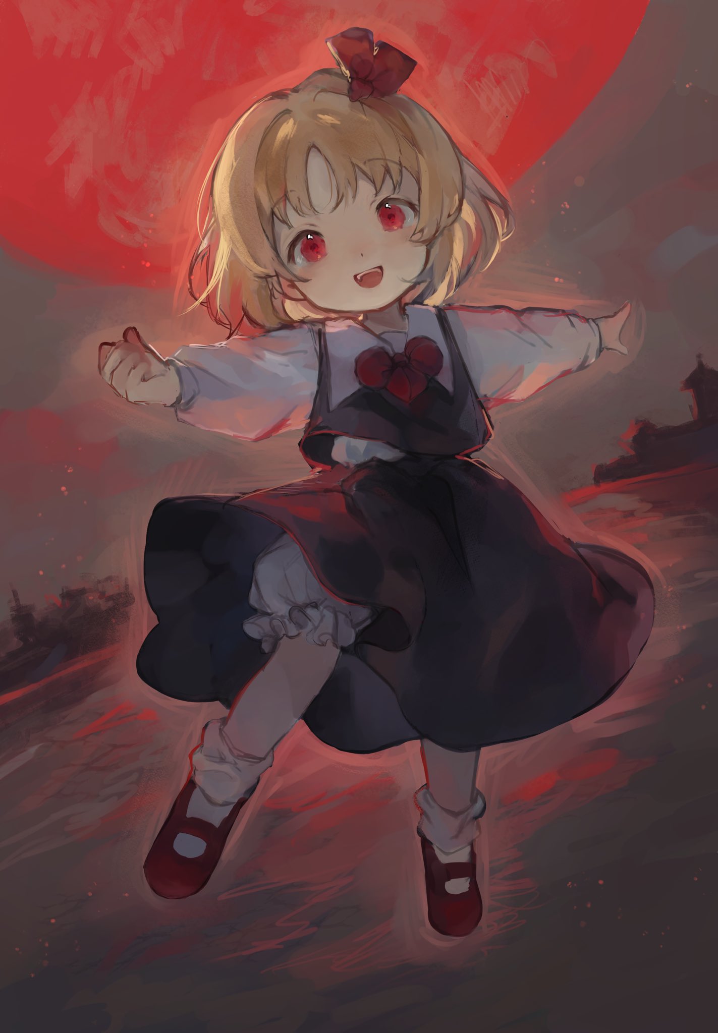 black_skirt black_vest blonde_hair collared_shirt highres kozumi_(tokuni_naitteba) long_sleeves mary_janes moon outstretched_arms red_eyes red_footwear red_moon rumia shirt shoes skirt skirt_set socks spread_arms touhou vest white_shirt white_socks